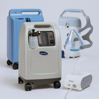 Respiratory therapy supplies including oxygen concentrator, CPAP mask, nebulizer, cannula, pulse oximeter and tracheostomy care set