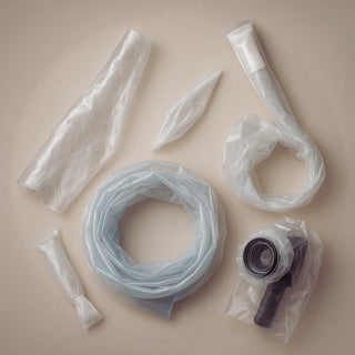 Sterile C-arm drape, microscope cover and ultrasound probe cover kit arranged on a sterile tray for OR use.