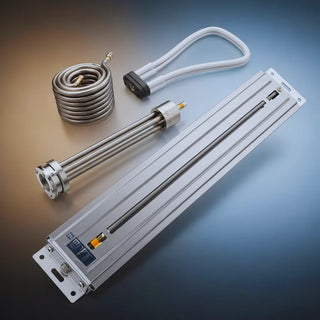 Industrial strip heaters and flat heating elements arranged on a lab workbench