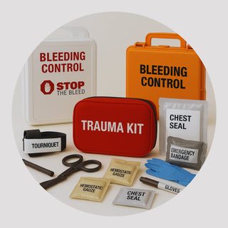 Public-access bleeding control station with tourniquet, trauma dressing, hemostatic gauze, gloves and shears
