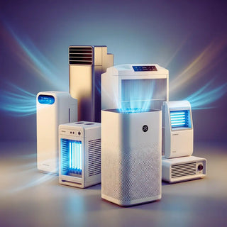 Medical grade air purifiers and UV-C disinfection units placed in a clinic, including a portable HEPA air purifier and a wall mounted UV-C air unit.