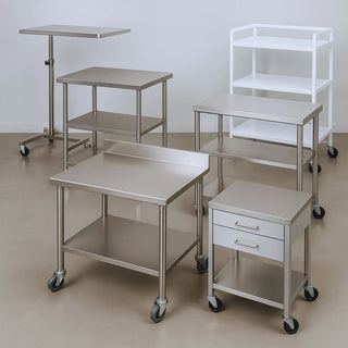 Stainless steel medical utility prep table with wheels and shelves used in hospital exam room