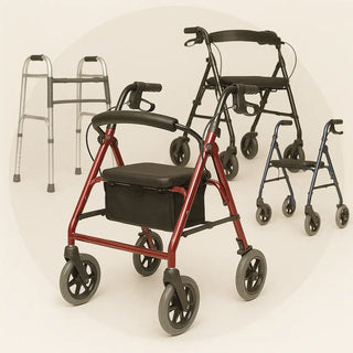 Walkers and rollators lineup including 3-wheel, 4-wheel, upright and bariatric models