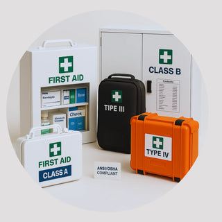 Collage of ANSI/OSHA workplace first aid cabinets and Class A & B kits (Type I–IV), wall-mounted and portable