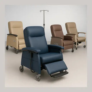 Clinical care recliners for infusion and dialysis—3-position, infinite and Trendelenburg models with bariatric seat widths, side trays and central locking casters