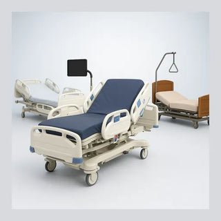 Hospital beds lineup showing med-surg, ICU and bariatric full-electric adjustable models with rails and support surfaces