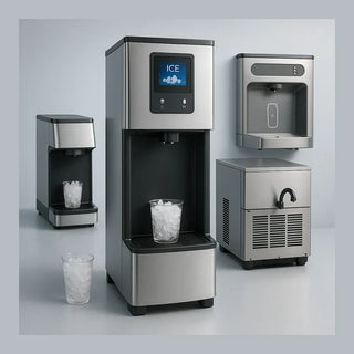 Countertop and floor-standing commercial ice & water dispensers with nugget/chewable (cubelet) ice, touchless sensors and large ADA dispensing area