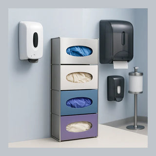 Wall and stand-mount medical holders & dispensers: touch-free soap/sanitizer, glove box/PPE racks, paper towel & wipe dispensers for exam rooms and facilities