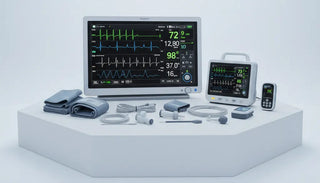 Professional multiparameter patient monitor system with bedside and portable units including NIBP cuffs and SpO2 sensors on a clean white background.