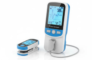 Medical-grade pulse oximeter set featuring a digital fingertip unit and a handheld SpO2 monitor with sensor probe on a white background.