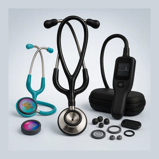 Clinical stethoscopes lineup—Littmann cardiology, classic acoustic, pediatric/infant and electronic models with parts and engraving options
