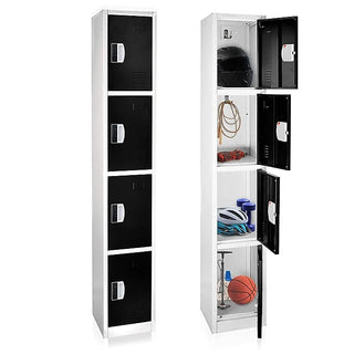 Alpine Industries ADI629-204 multi-tier black locker shown closed and open with sports gear in each tier