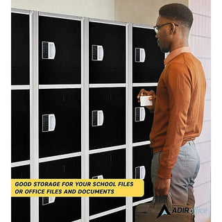 Alpine Industries ADI629-204 man placing a card at a wall of black tier lockers in an office