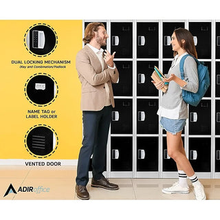 Alpine Industries ADI629-204 a man and a woman talking in front of black multi-tier lockers, with feature callouts