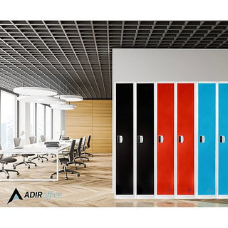 Alpine Industries ADI629-201 row of black, red and blue single tier lockers in a modern office