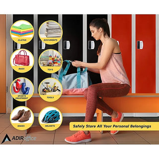 Alpine Industries ADI629-201 woman at a bench in a locker room with icons of items that fit in the locker