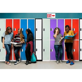 Alpine Industries ADI629-202 students in a school hallway lined with colorful double tier lockers