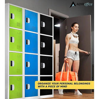 Alpine Industries ADI629-204 woman in a gym locker room with green, blue and black tier lockers
