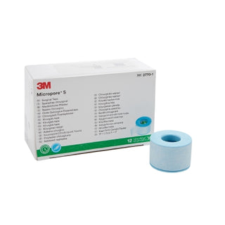 3M™ Micropore™ S 774190_CS Medical Tape Blue 1 Inch X 5-1/2 Yard Silicone NonSterile roll and packaging on a white background