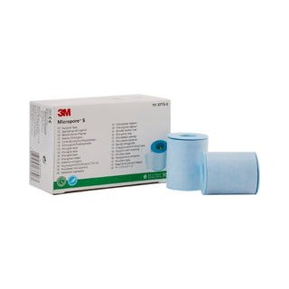 3M™ Micropore™ S 774628_CS Medical Tape Blue 2 Inch X 5-1/2 Yard Silicone NonSterile packaging with two rolls on a white background