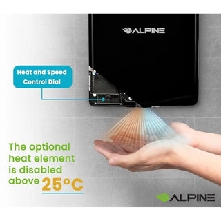 Alpine Industries ALP405-10 Willow hand dryer in black with heat and speed control dial callout and hands under the airflow