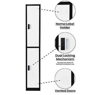 Alpine Industries ADI629-202 white-door double tier locker with callouts for label holder, keypad lock and vents
