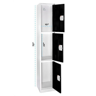 Alpine Industries ADI629-203 dimension diagram of black triple tier locker with all doors open