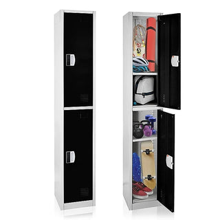 Alpine Industries ADI629-202 double tier black locker shown closed and open with sports gear inside both tiers