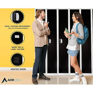 Alpine Industries ADI629-201 a man and a woman talking in front of black single tier lockers, with feature callouts