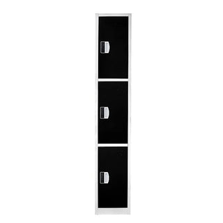Alpine Industries ADI629-203 front view of triple tier locker with black doors and keypad handles