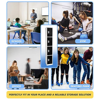 Alpine Industries ADI629-204 black multi-tier locker shown with school, gym, office and skating rink scenes