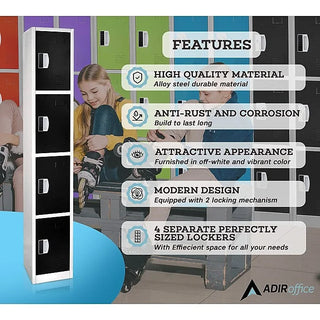 Alpine Industries ADI629-204 black multi-tier locker beside a features panel in a locker room