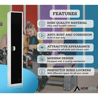 Alpine Industries ADI629-201 black single tier locker beside a features panel in a colorful locker room