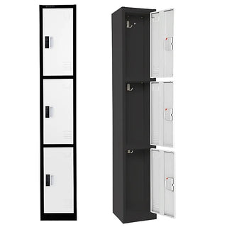 Alpine Industries ADI629-203 white-door black-frame triple tier locker shown closed and open with hooks
