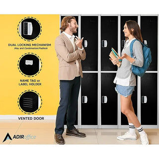 Alpine Industries ADI629-202 a man and a woman talking in front of black double tier lockers, with feature callouts