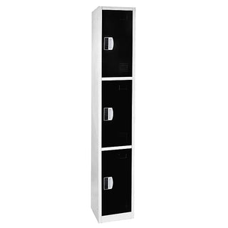 Alpine Industries ADI629-203 triple tier black locker with keypad handles, angled side view