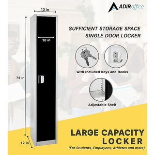 Alpine Industries ADI629-201 dimension graphic of black single door locker with keys, hooks and adjustable shelf