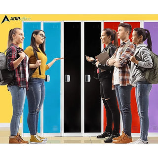 Alpine Industries ADI629-201 group of students chatting in front of colorful single tier lockers