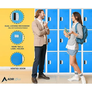 Alpine Industries ADI629-203 a man and a woman talking in front of blue triple tier lockers, with feature callouts