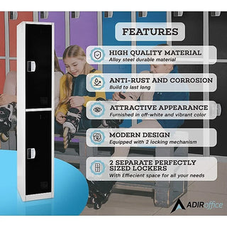 Alpine Industries ADI629-202 black double tier locker beside a features panel in a locker room