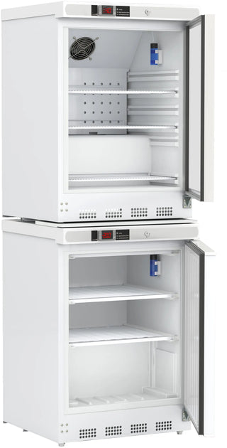 ABS ABT-HC-RFC9 23.75" Upright Refrigerator/Freezer with open doors showing interior shelves and compartments.