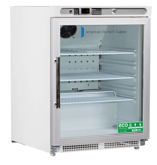 ABS ABT-HC-UCBI-0404G-ADA 23.75" Premier Undercounter Refrigerator with glass door displaying 'American Biotech Supply' branding.