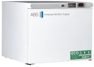 ABS ABT-HC-UCFS-0120A-LH 23.75" Premier Countertop Freezer with ABS American BioTech Supply logo and eco-friendly label on a white background