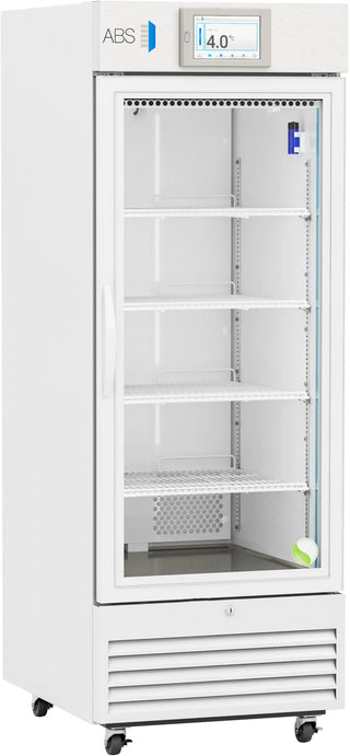 ABS ABT-VS-LP-26-TS Premier Upright Laboratory Refrigerator with glass door and digital display on a white background