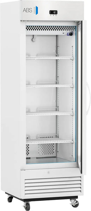 ABS ABT-VS-LS-16 25" Upright Laboratory Refrigerator with glass door and ABS logo on a white background