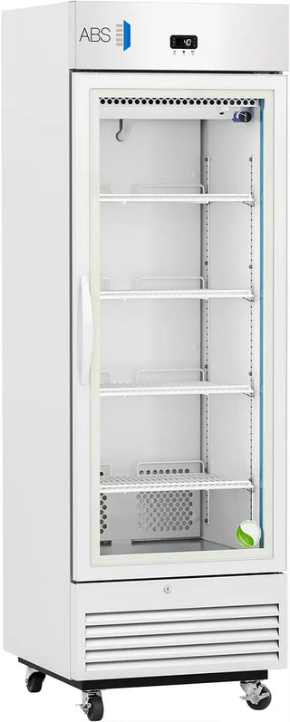 ABS ABT-VS-LS-16 25" Upright Laboratory Refrigerator with glass door and ABS logo on a white background