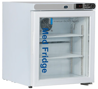 ABS Countertop Pharmaceutical/Vaccine Refrigerator PH-ABT-HC-UCFS-0104G with glass door and digital display on a white background