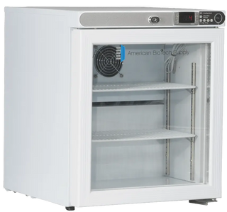 ABS Countertop Refrigerator ABT-HC-UCFS-0104G with glass door, branded 'American Bio-Tech Supply'.