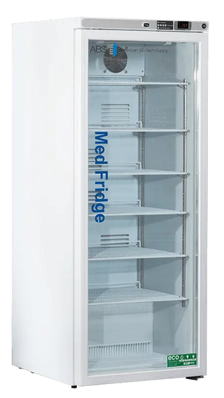 ABS PH-ABT-HC-10PG Upright Refrigerator with glass door labeled 'MedFridge' on a white background