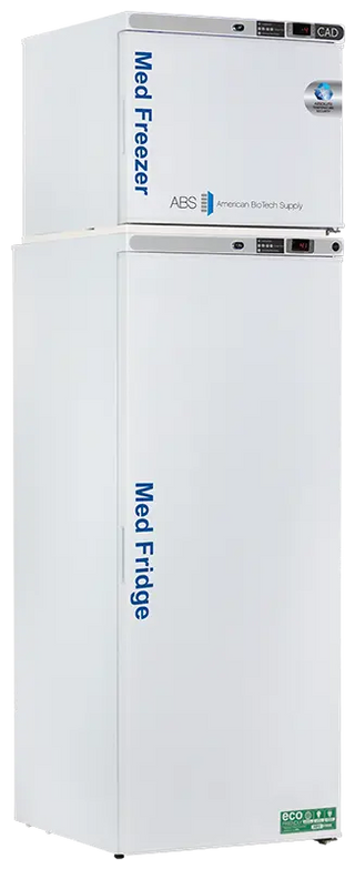 ABS PH-ABT-HC-RFC12A-CAD 23.75" Upright pharmacy/Vaccine Refrigerator/Freezer, a 'Med Freezer' and a 'Med Fridge', on a white background.